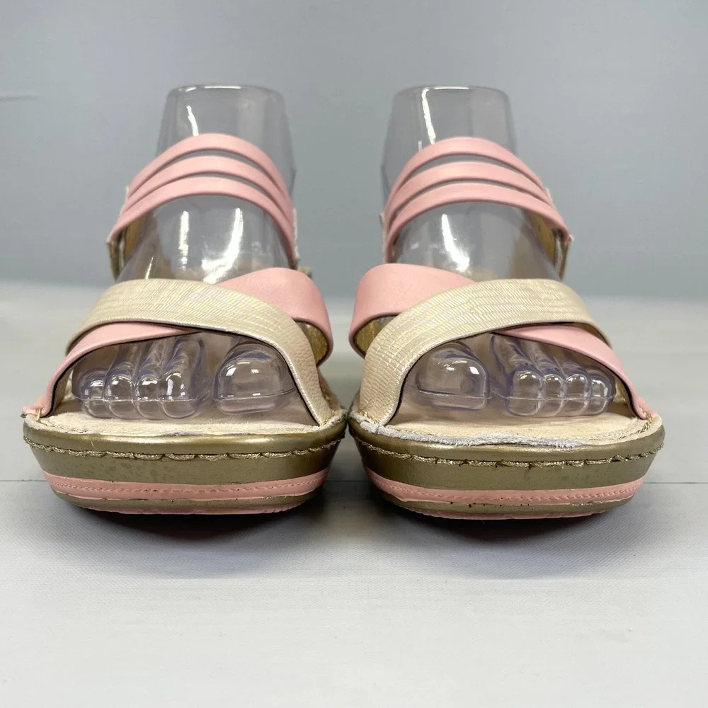 Alegria Leila Wedge Sandals Womens Size 37 US 6.5 Pink Gold Leather Strappy Shoe